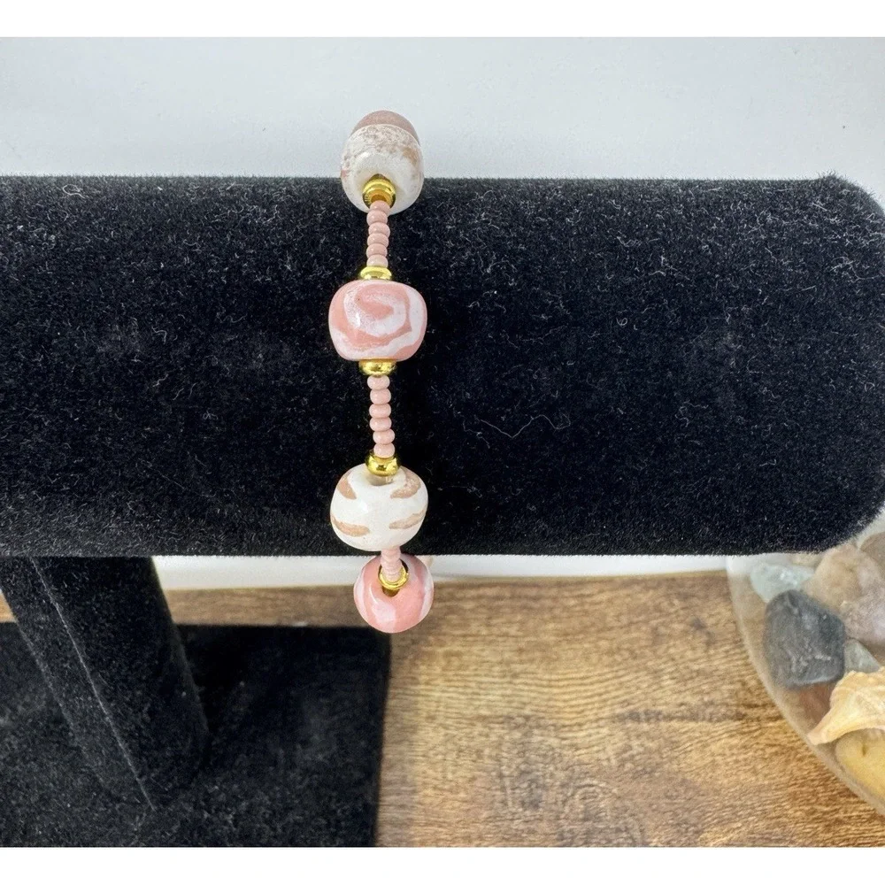 Kazuri Pink‎ Clay Hand Painted Beaded Bracelet Hand Made in Kenya Elastic